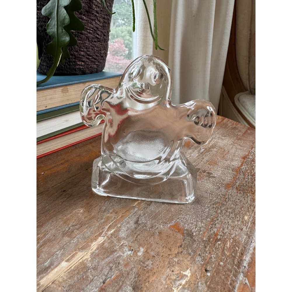 Vintage Clear Glass Ghost Votive Candle Holder Halloween Figurine Spooky Decor